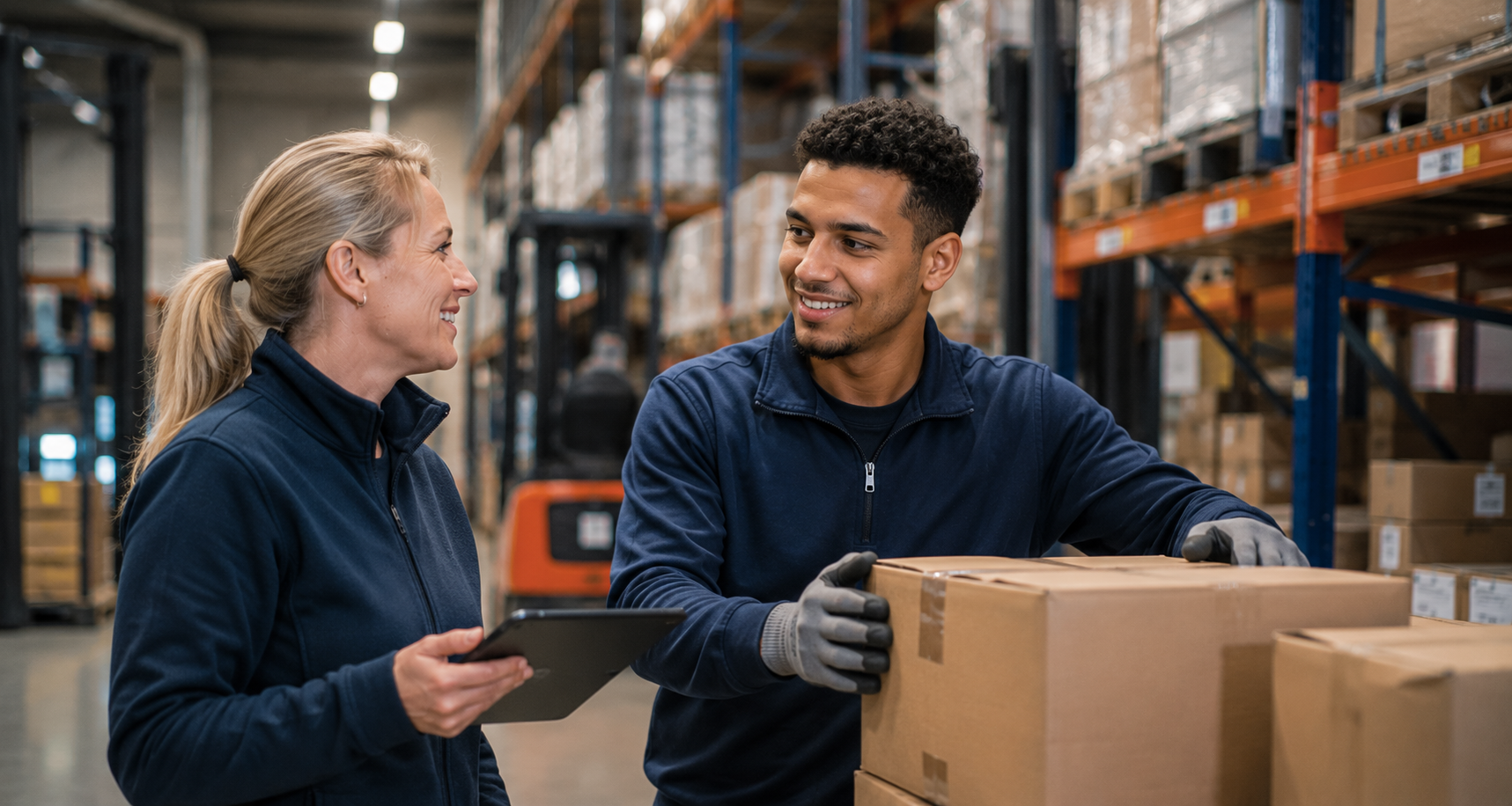 Inizio-begeleider in gesprek met een medewerker in een distributiecentrum