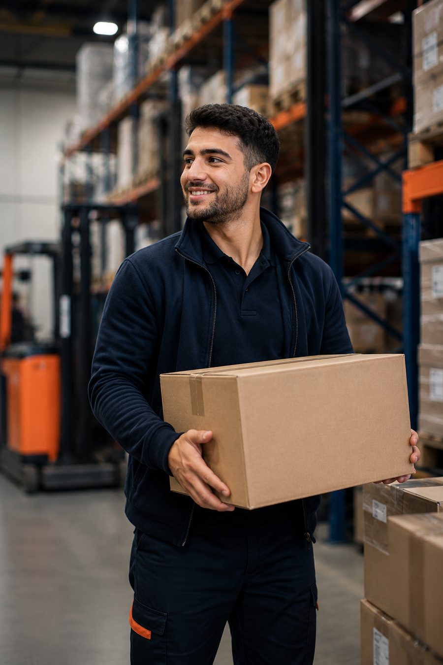 Inizio-medewerker aan het werk met een pakket in een distributiecentrum