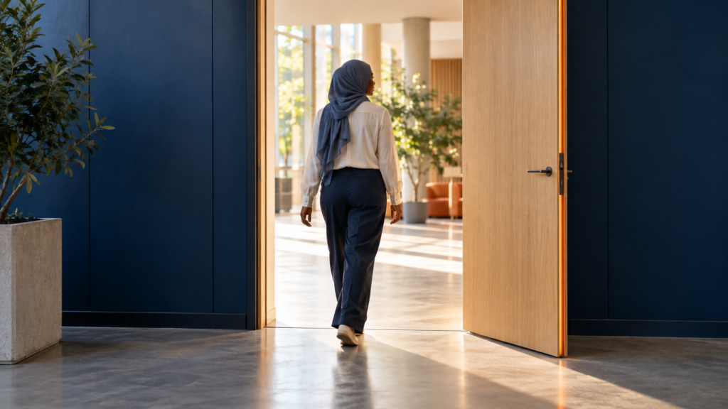 Een nieuwkomer loopt door een open, drempelloze deur als symbool voor inclusief werkgeverschap