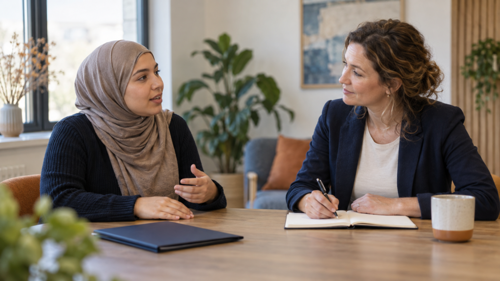Kandidaat en INIZIO-begeleider in gesprek over talenten, ontwikkeling en passend werk