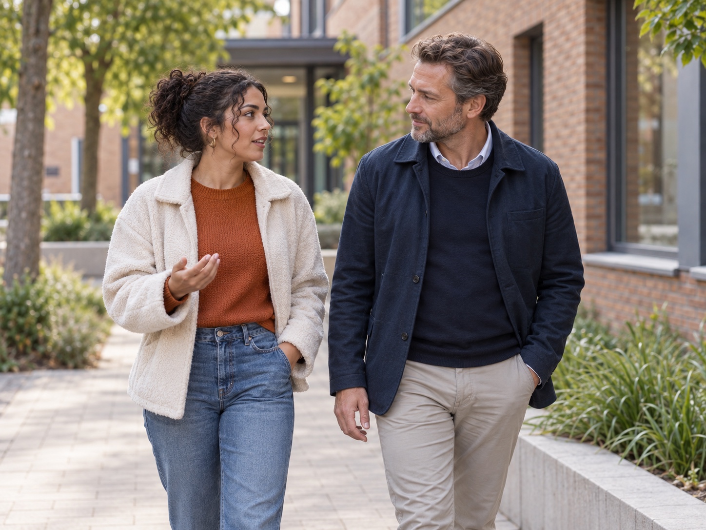 Kandidaat vertelt tijdens een wandeling terwijl een INIZIO-adviseur aandachtig luistert.