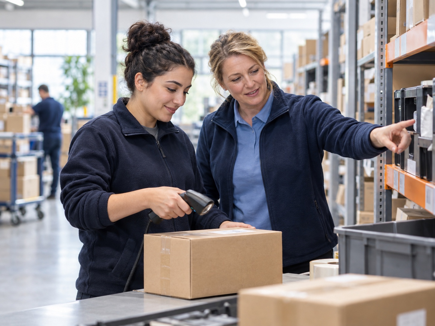 Deelnemer krijgt persoonlijke begeleiding bij een logistieke scanopdracht