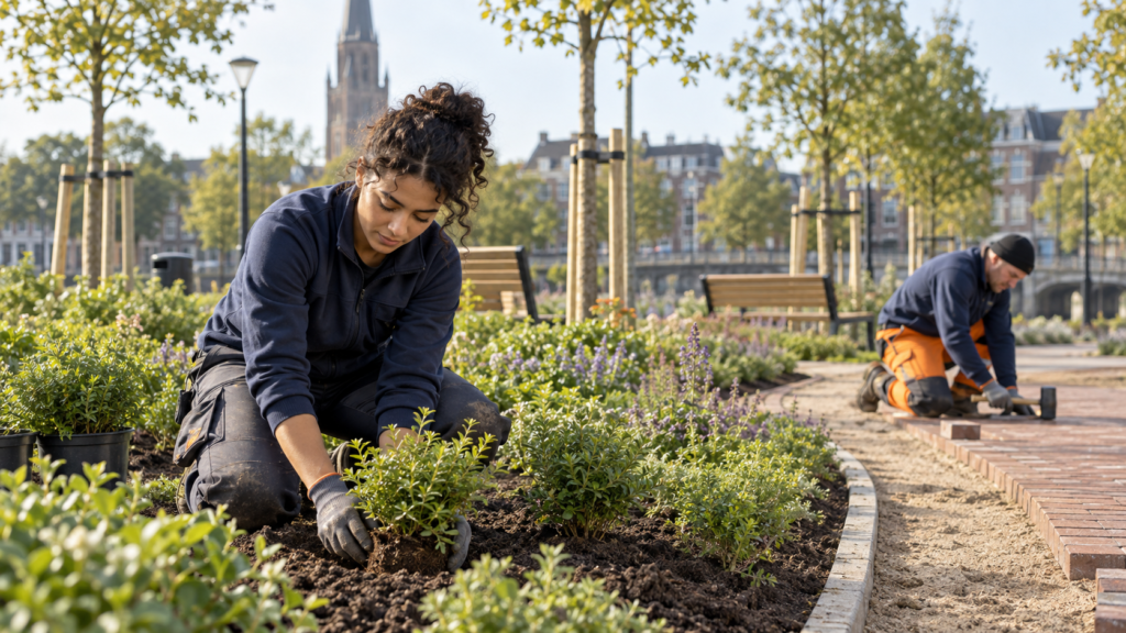Medewerkers werken aan groenvoorziening en bestrating binnen een publieke opdracht