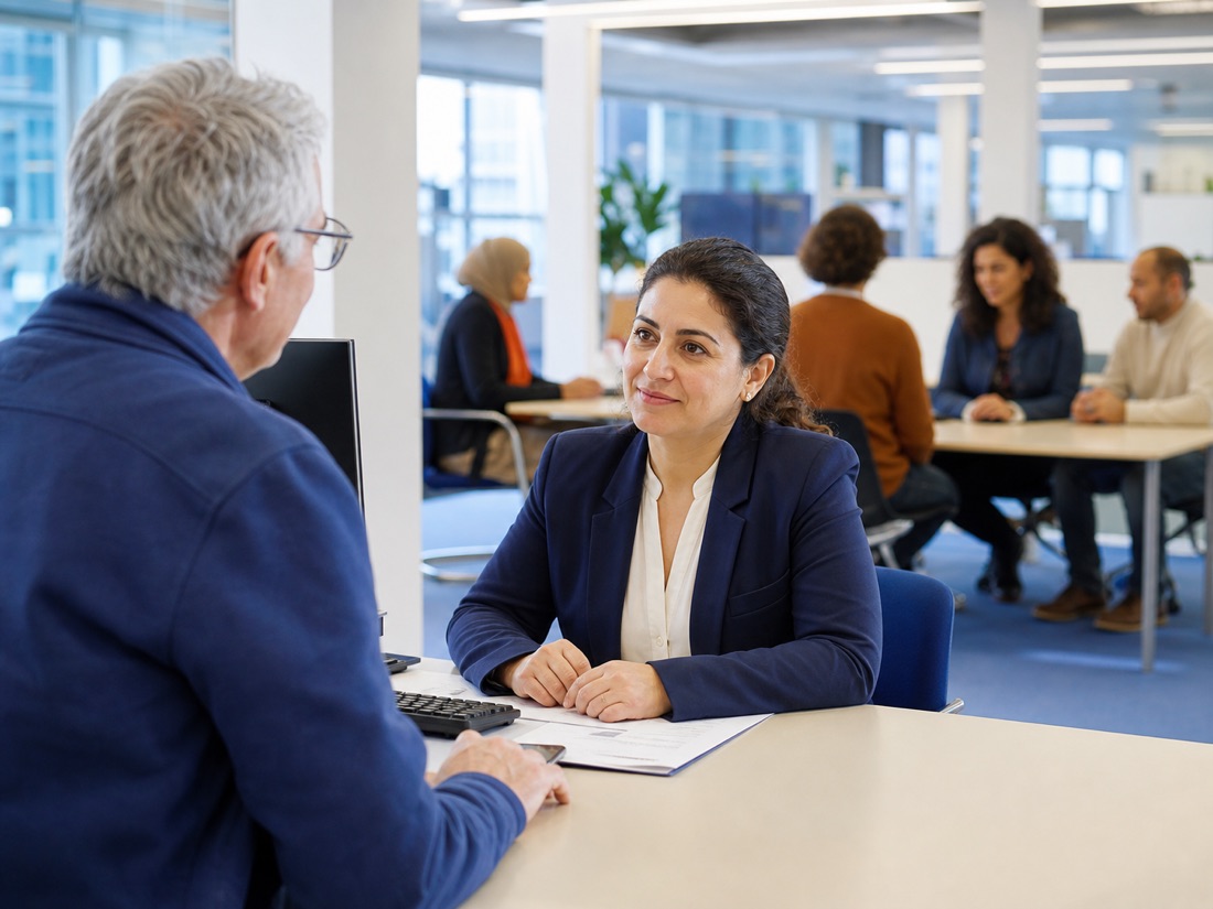 Adviseur en bezoeker in gesprek in een regionaal Werkcentrum