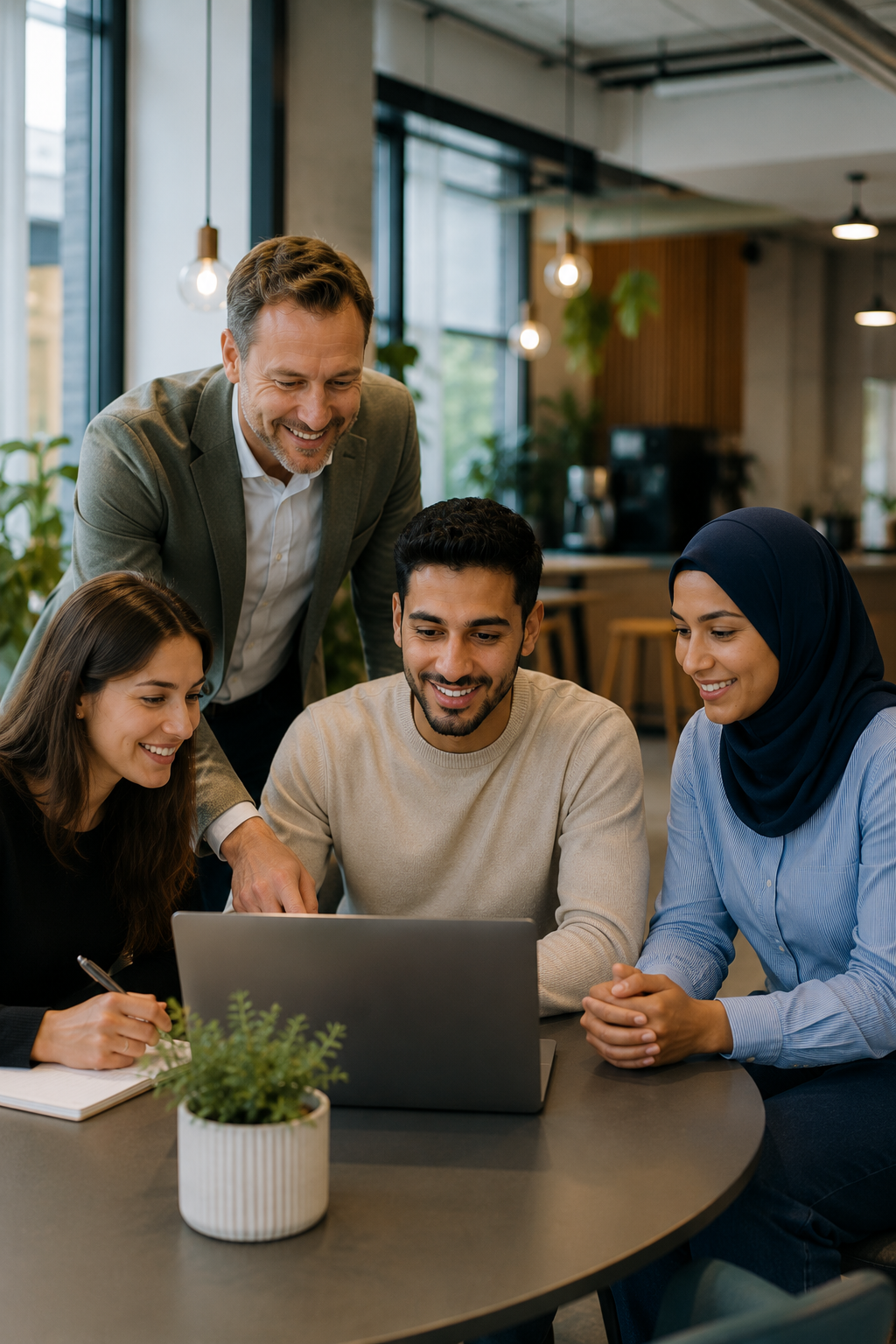 Divers team werkt samen achter een laptop op kantoor.