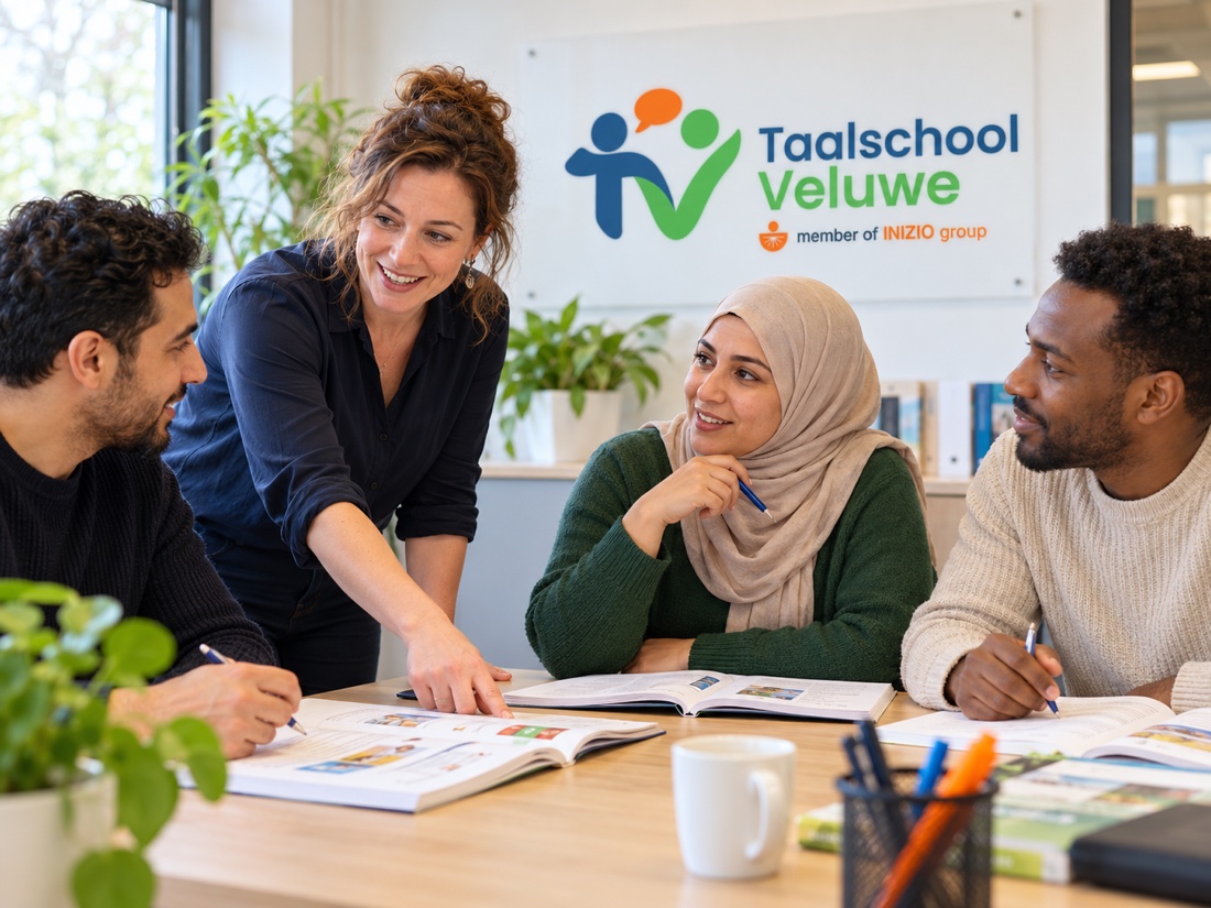Docent van Taalschool Veluwe begeleidt nieuwkomers tijdens een praktijkgerichte Nederlandse taalles
